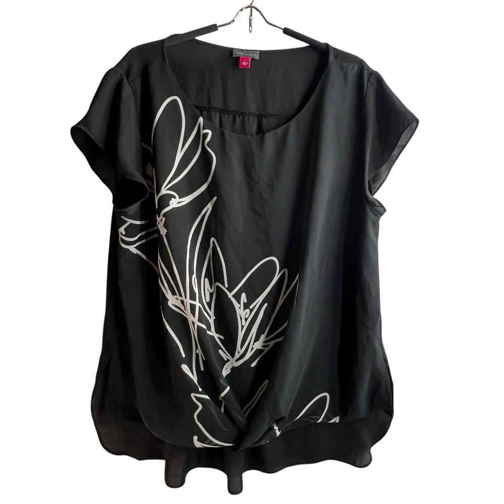 Vince Camuto Womens Black Blouse Top Large Twist Hem Sheer Overlay Floral Office